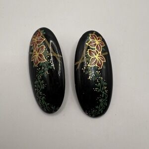 Vintage Painted Stone Earrings Black Floral Design Pierced Lily Flower 2 Inch